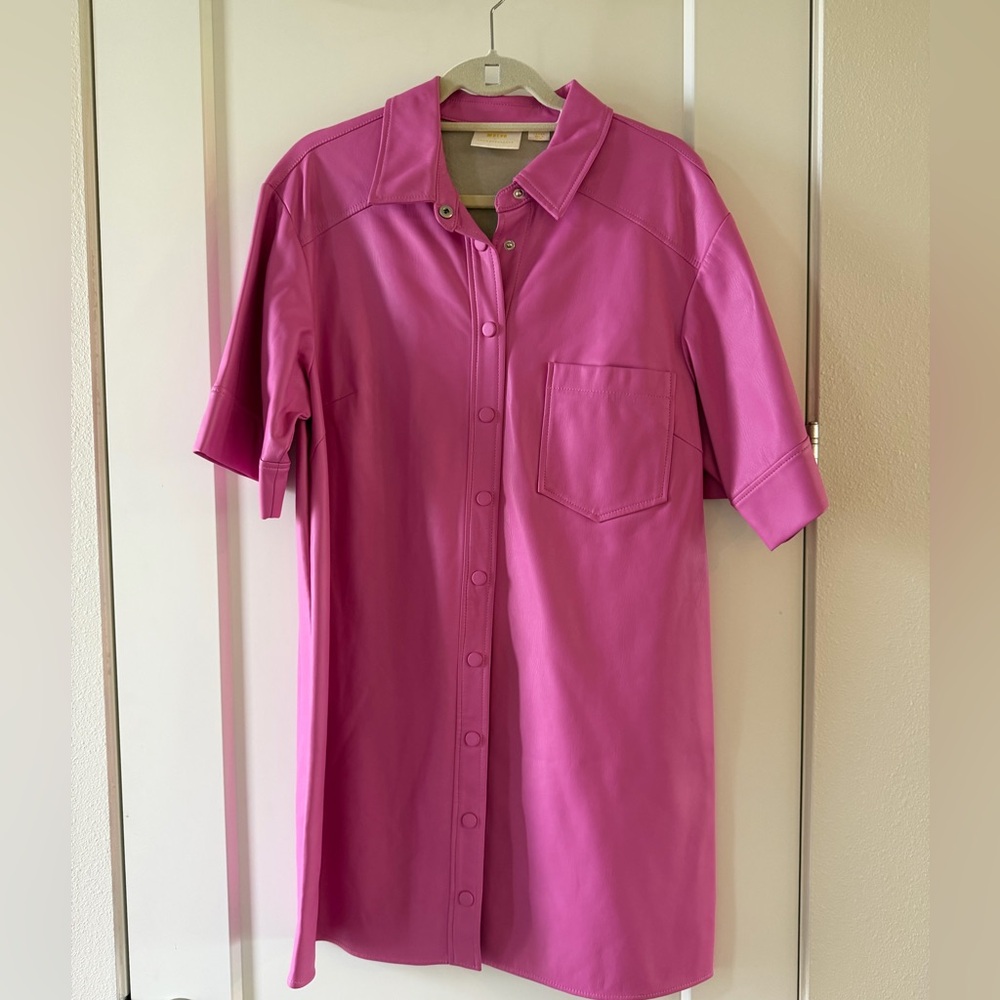 Maeve Anthropologie Pink Faux Leather Dress Snap Front Oversized Large